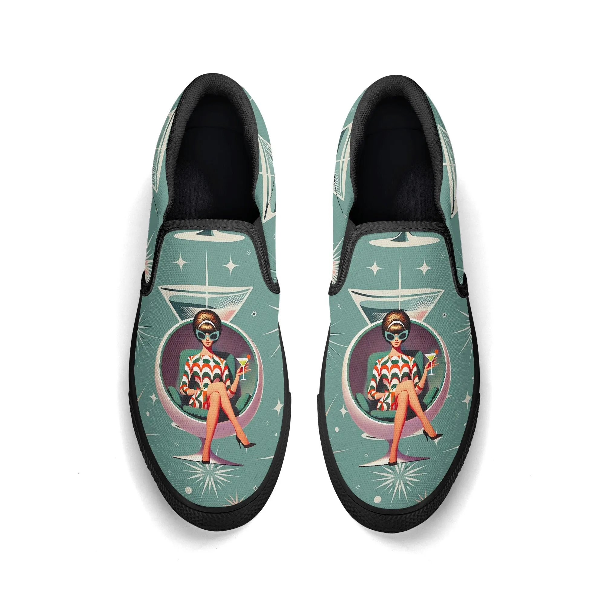 60s Mod Gal, Martini Fun Retro Retro Groovy Mod Canvas Loafer Shoes