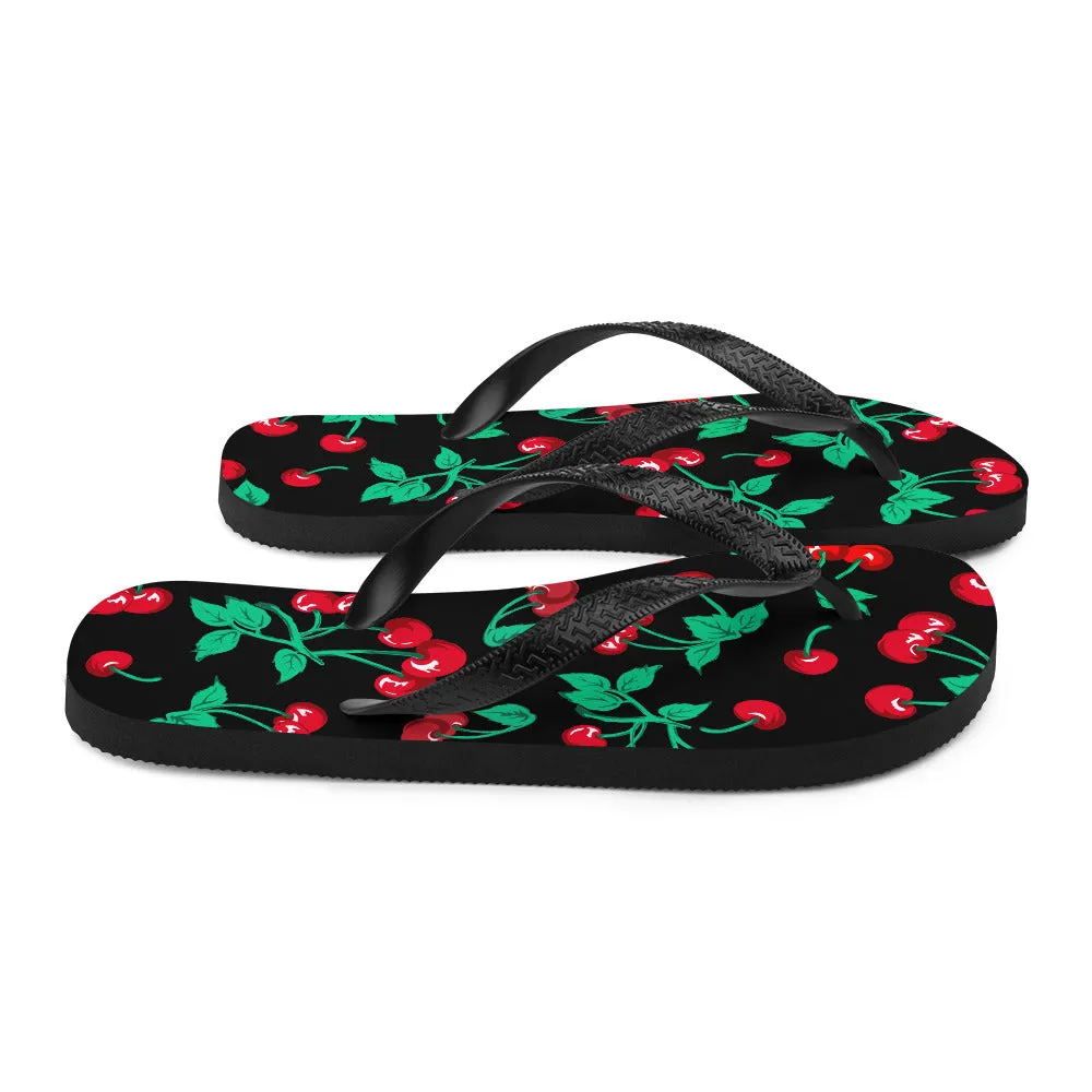 90s Vintage Thong Flip-Flop Beach Sandals in Black Cherry Print | Pinup Couture