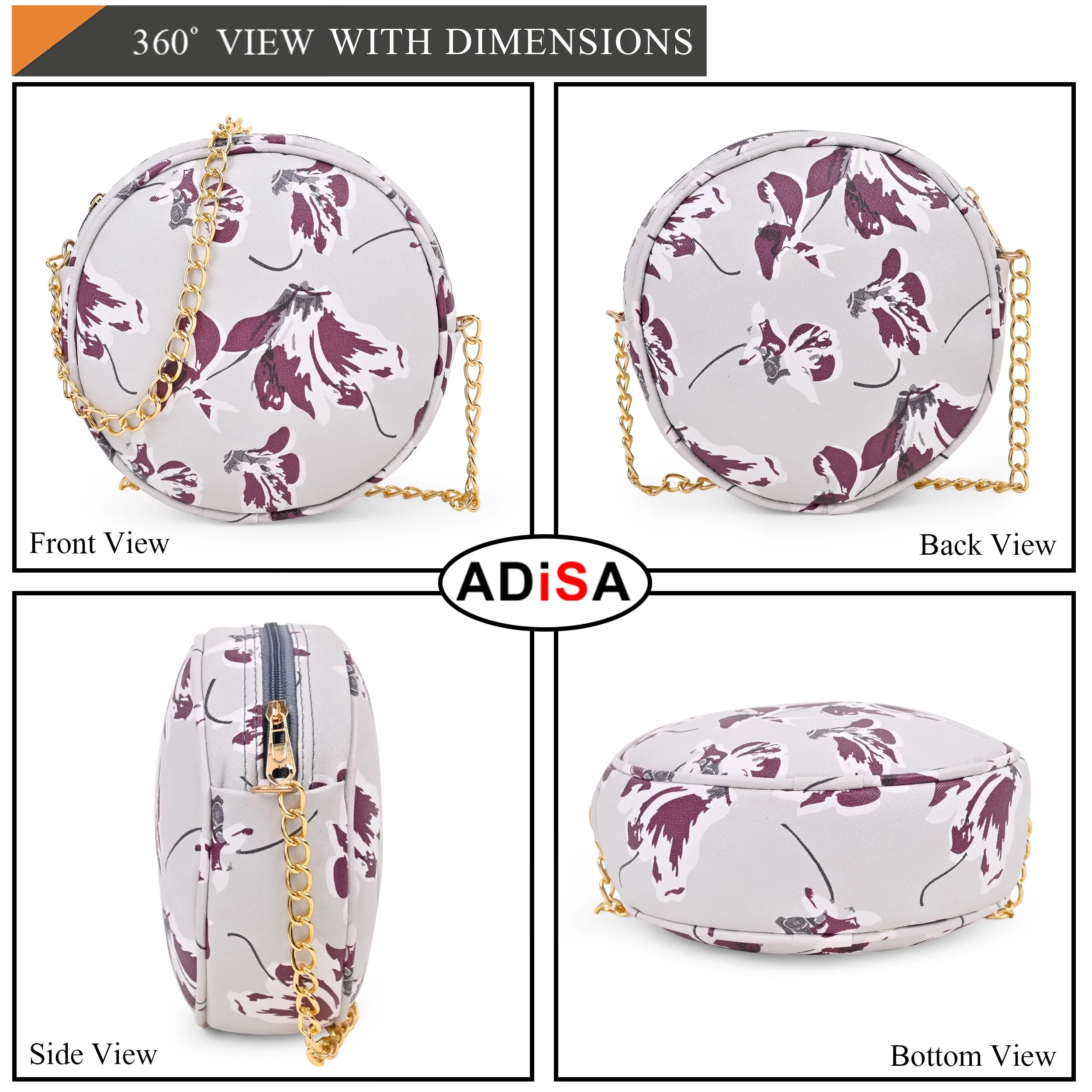 ADISA Women Girls Floral Print Round Sling Bag (Grey-Burgundy)