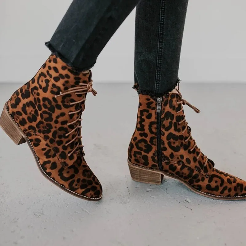 Amozae-Back to College New Women Shoes Spring Autumn Fashion Low Tube Boots Leopard Print Bandage Plus Size Shoes Ladies Shoes Coarse Heels