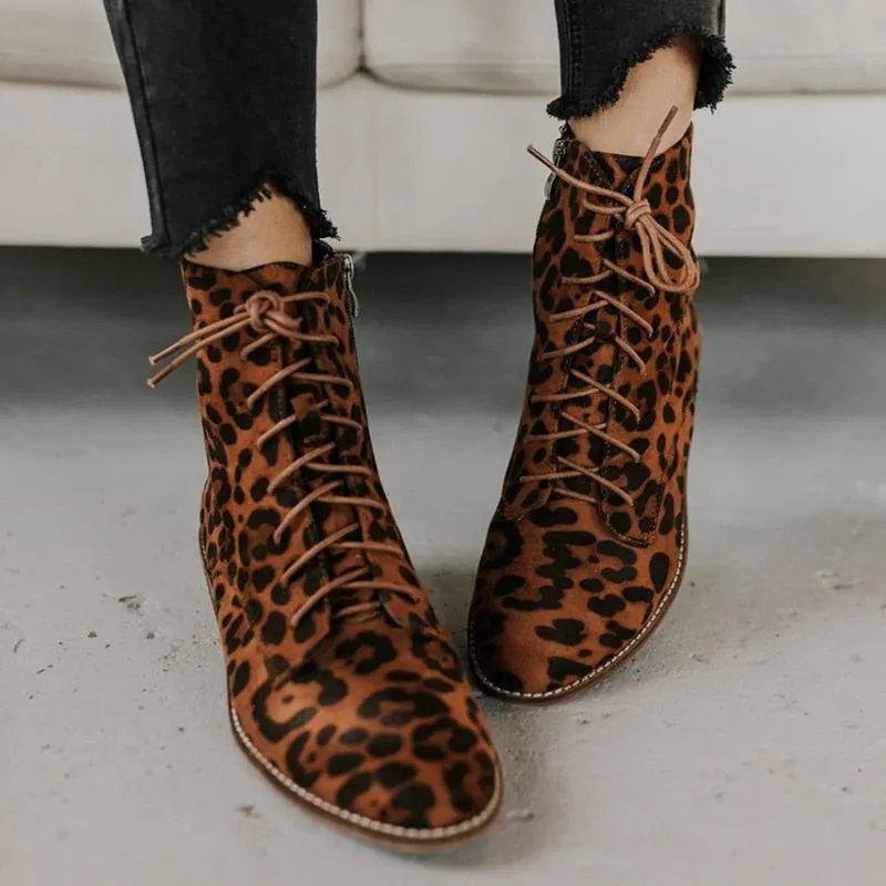 Amozae-Back to College New Women Shoes Spring Autumn Fashion Low Tube Boots Leopard Print Bandage Plus Size Shoes Ladies Shoes Coarse Heels