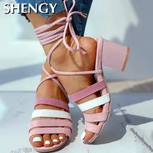 Amozae-Back to College Women Summer High Heels Sandals Shoes Woman Open Toe Cross-tied Lace Up Sandals Roman Ladies Shoes