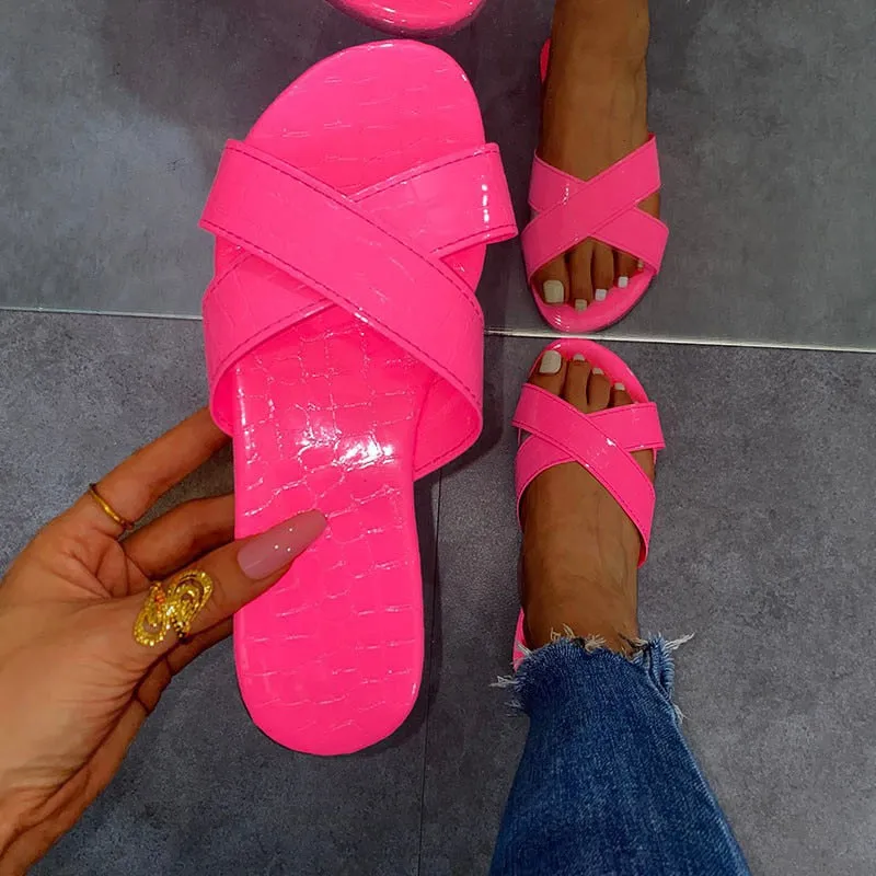 Amozae-Back To School   Women Cross Slippers Summer Women's Casual Slides Female Beach Shoes Female Open Toe Solid Footwear Ladies Comfort Flat Big Size