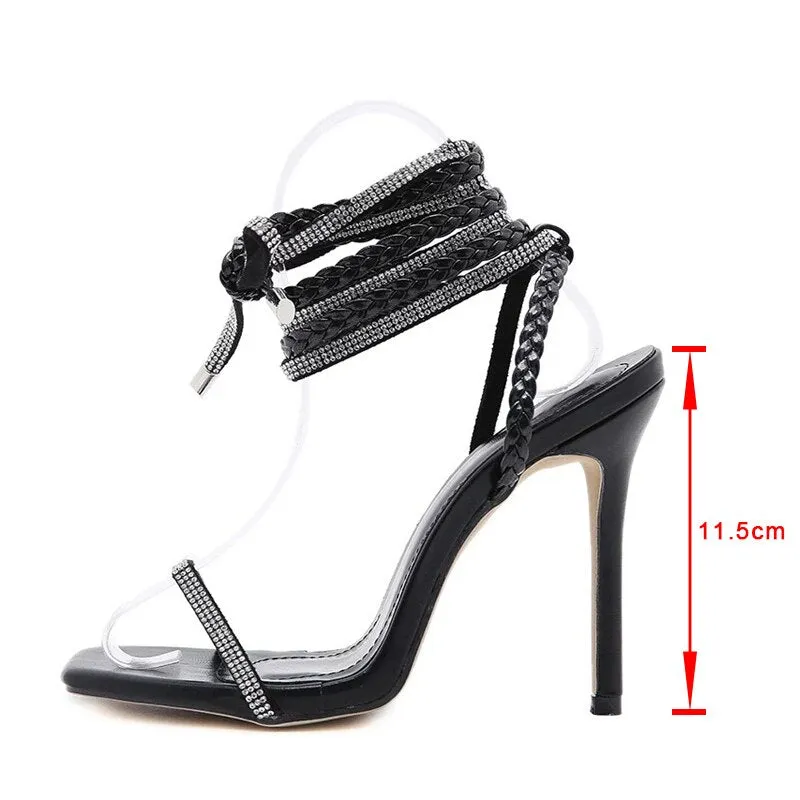 Amozae- Women Thin High Heels Sandals Shoes Rhinestone Square Toe Ankle Wrap Ladies Bandage Pumps Female Plus Size Fashion Summer