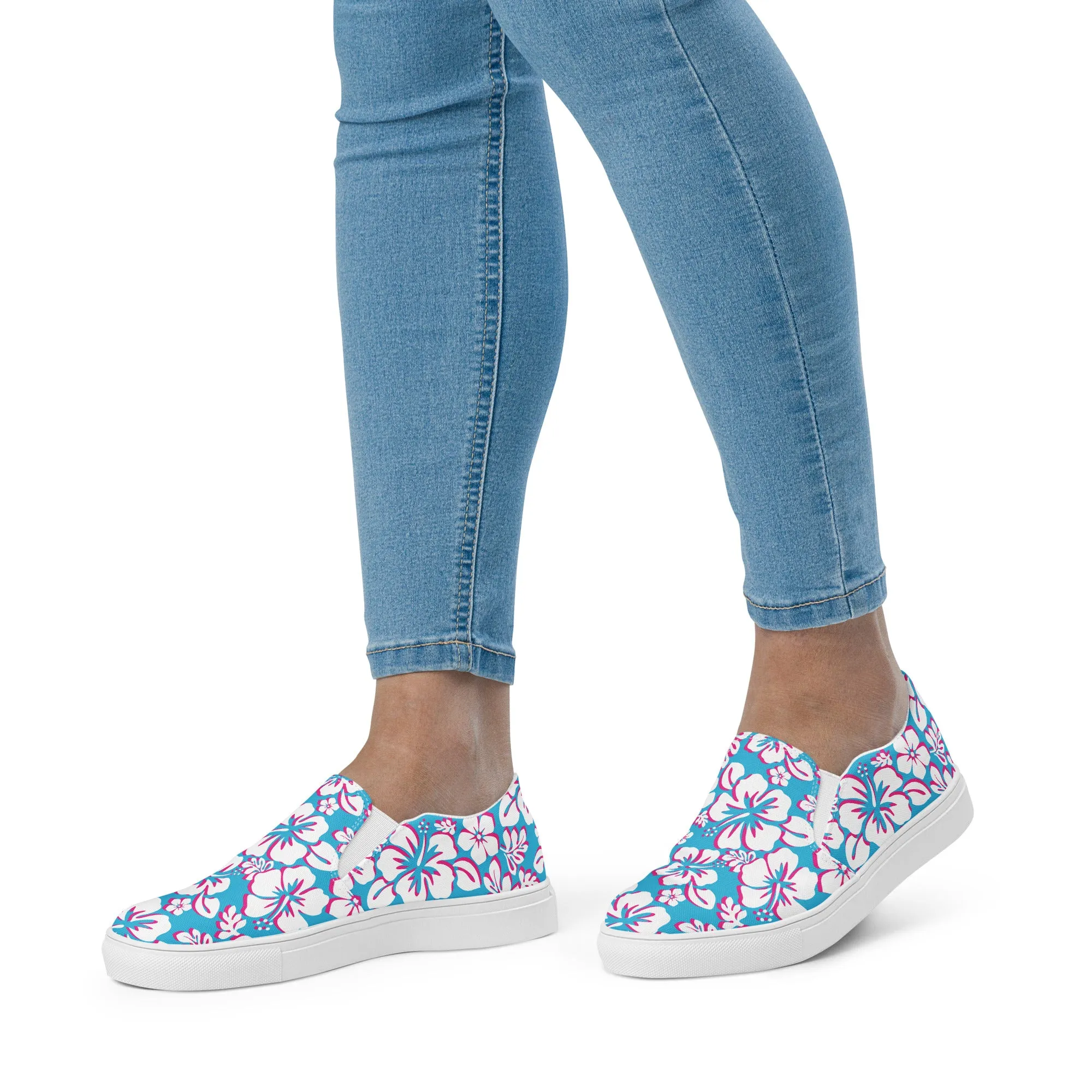 Aqua, Hot Pink and White Hawaiian Flowers Women's Slip On Canvas Shoes