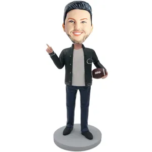 Athletic Male In Black Coat Holding A Football Custom Figure Bobbleheads