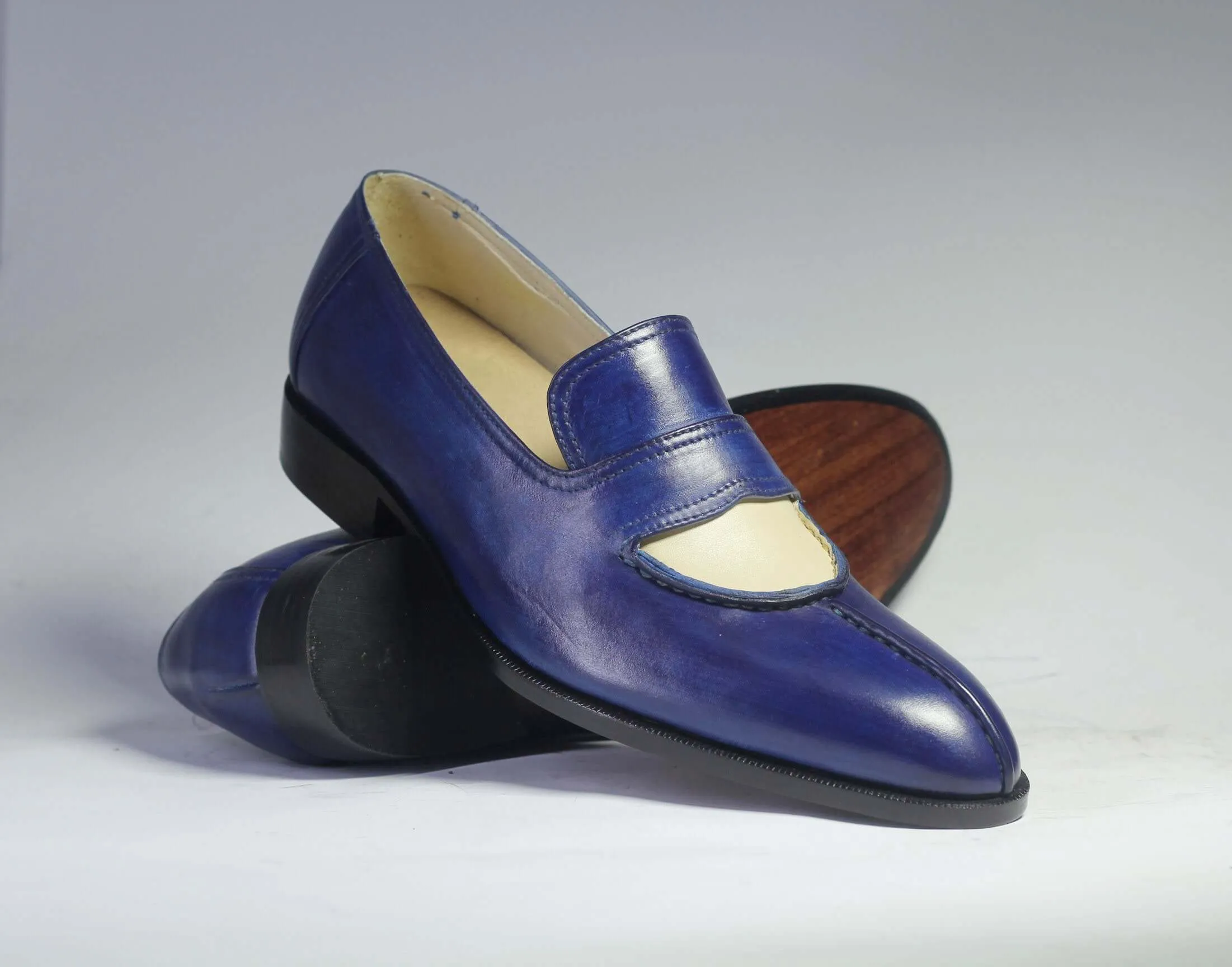 Bespoke Blue Leather Split Toe Shoe for Men