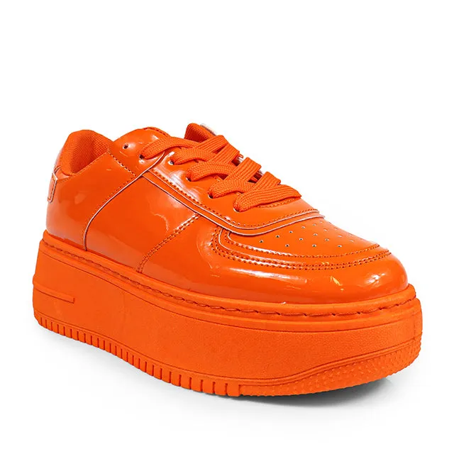 BILLIE-1 Orange Patent Platform Sneaker - Low Top - Lace Up