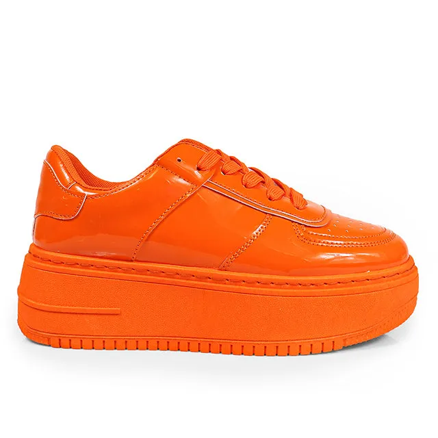 BILLIE-1 Orange Patent Platform Sneaker - Low Top - Lace Up