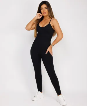 Black Elastic Ribbed Waist Spaghetti Strap Jumpsuit