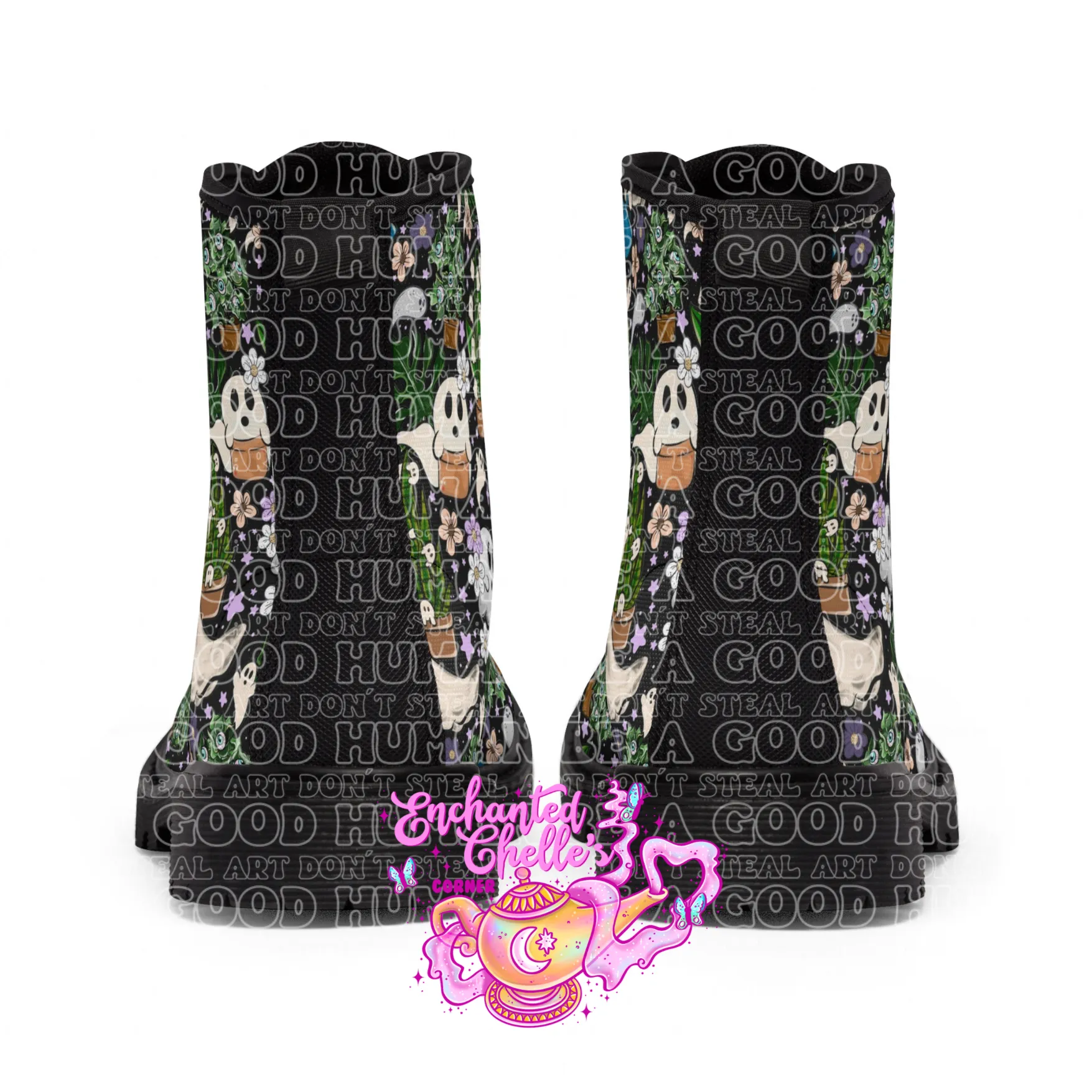 Black ghostly Plants Women's Canvas Boots