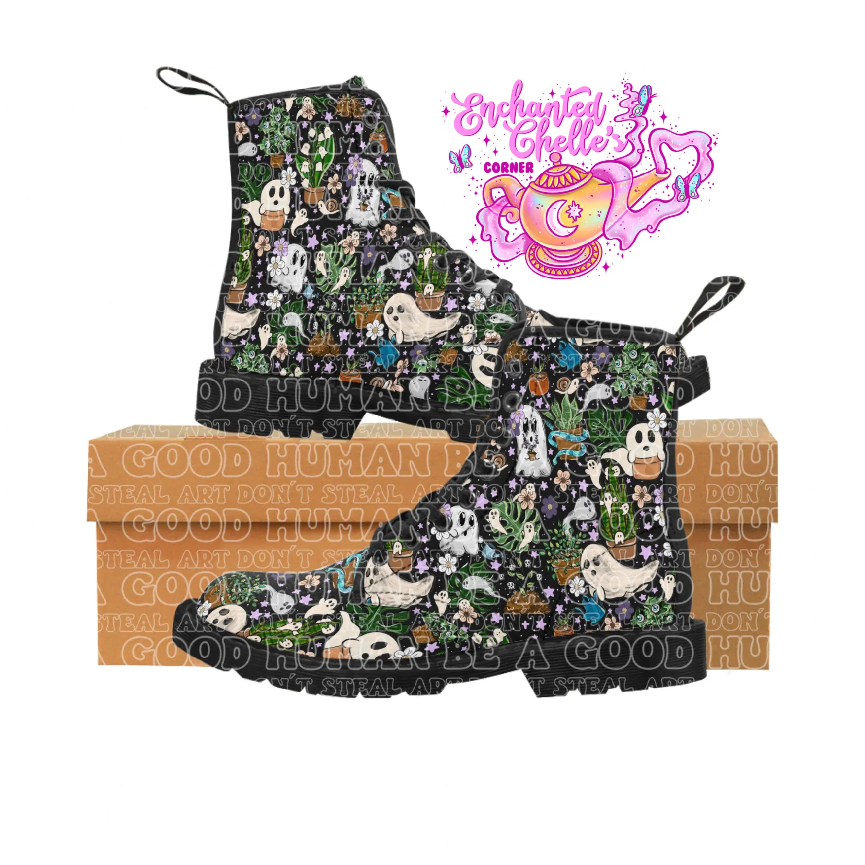 Black ghostly Plants Women's Canvas Boots