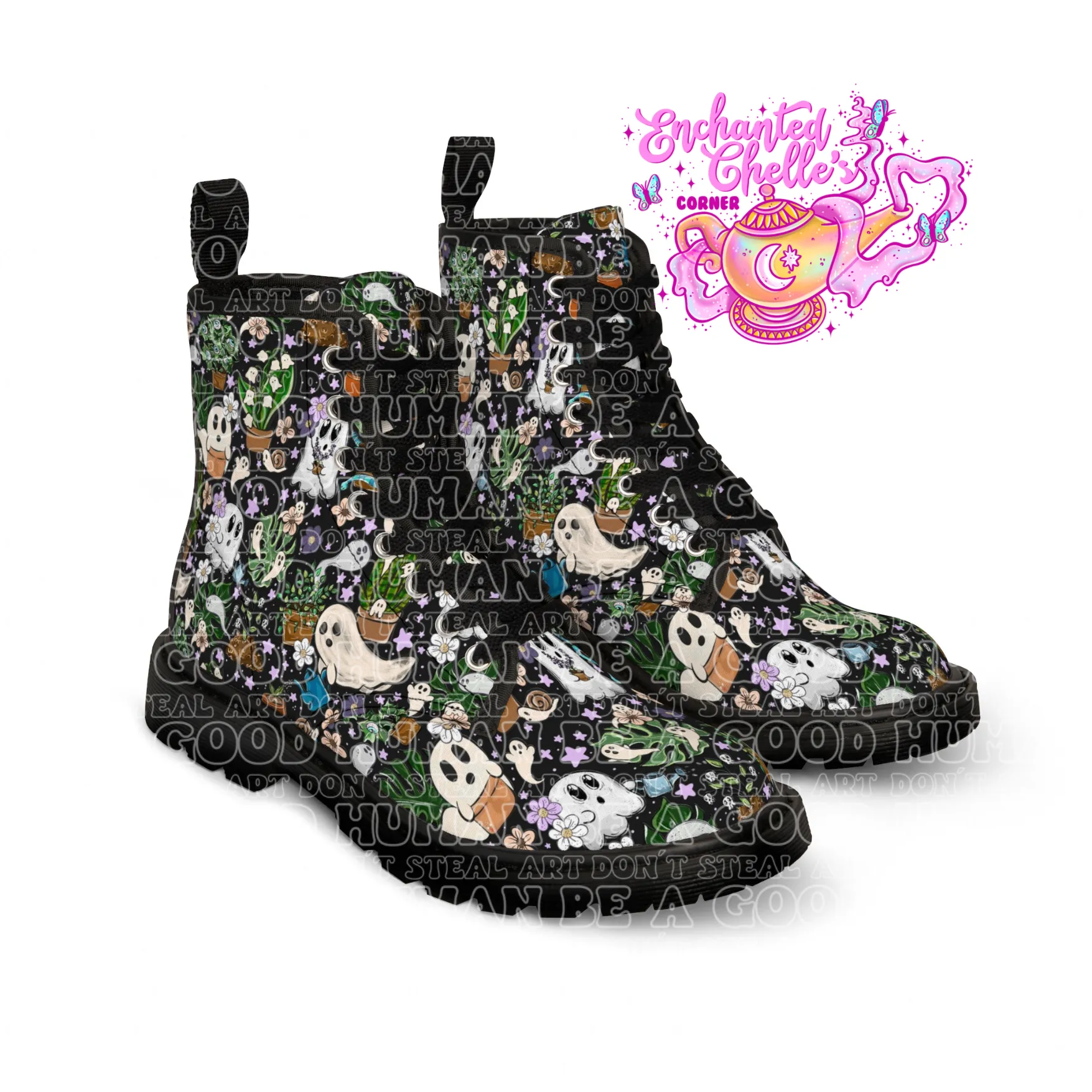 Black ghostly Plants Women's Canvas Boots