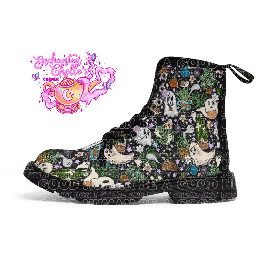 Black ghostly Plants Women's Canvas Boots