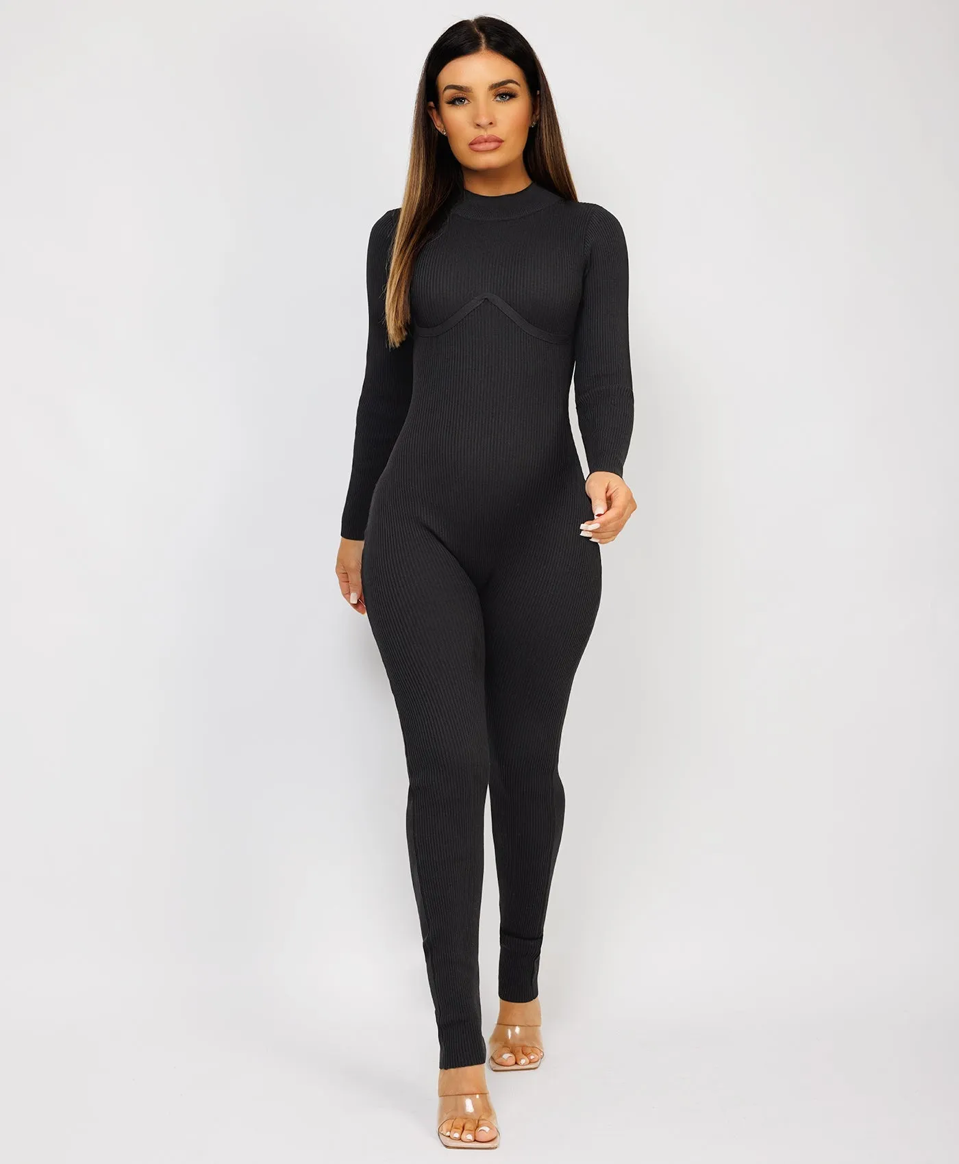 Black Ribbed Underbust Detail Long Sleeves Jumpsuit