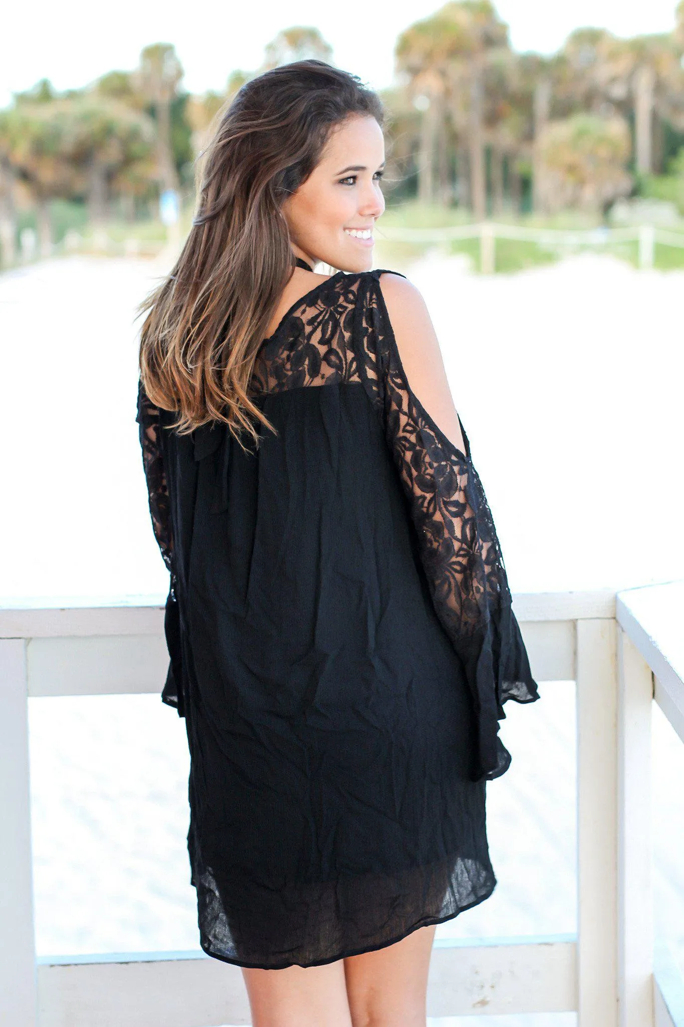 Black Short Dress with Lace Cut Out Sleeves