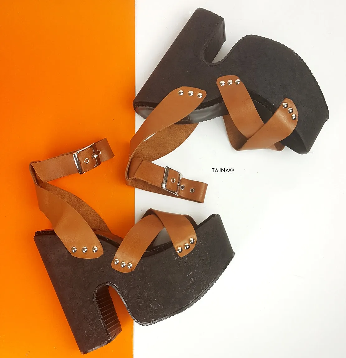 Brown Leather Cross Strap Platform Sabo Sandals