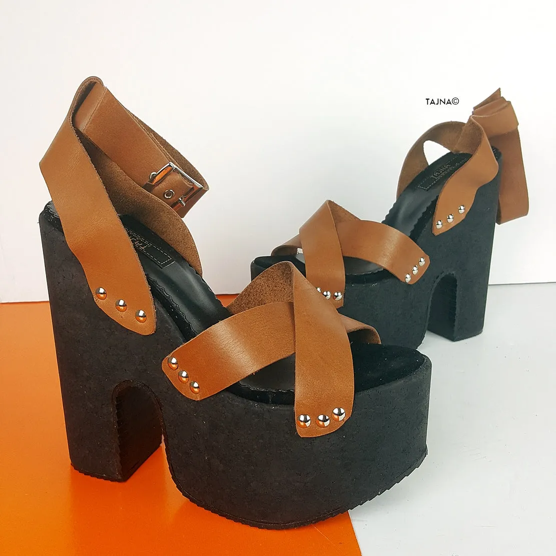 Brown Leather Cross Strap Platform Sabo Sandals