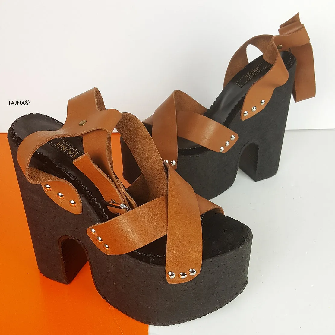 Brown Leather Cross Strap Platform Sabo Sandals