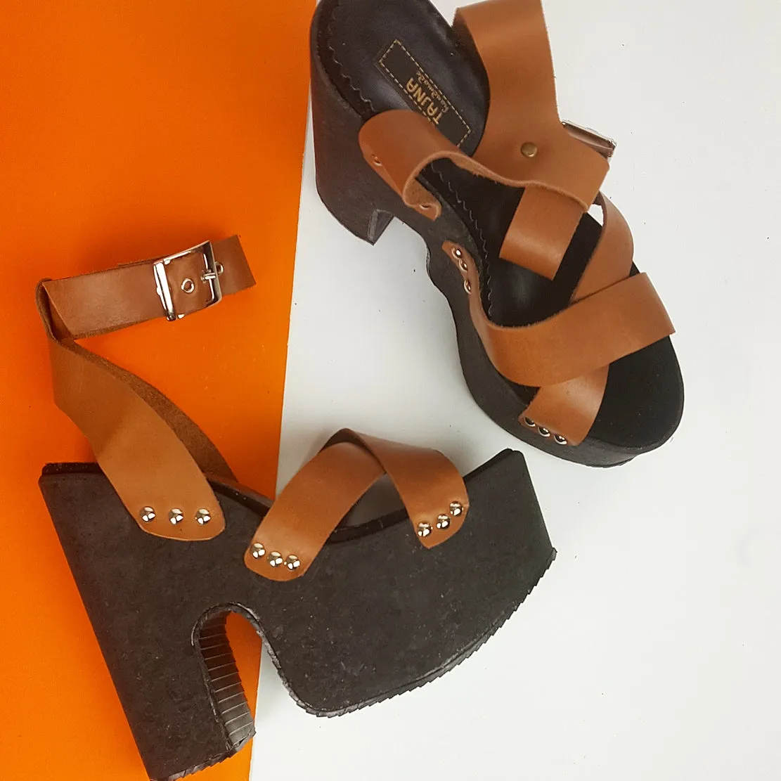 Brown Leather Cross Strap Platform Sabo Sandals