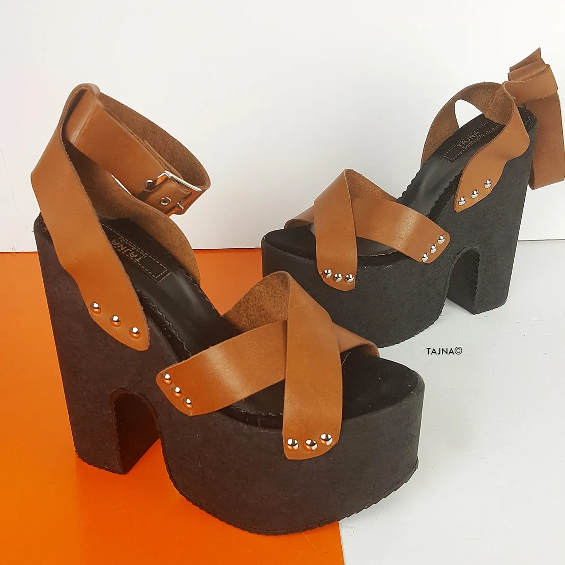 Brown Leather Cross Strap Platform Sabo Sandals