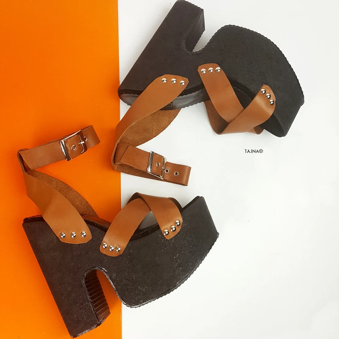 Brown Leather Cross Strap Platform Sabo Sandals