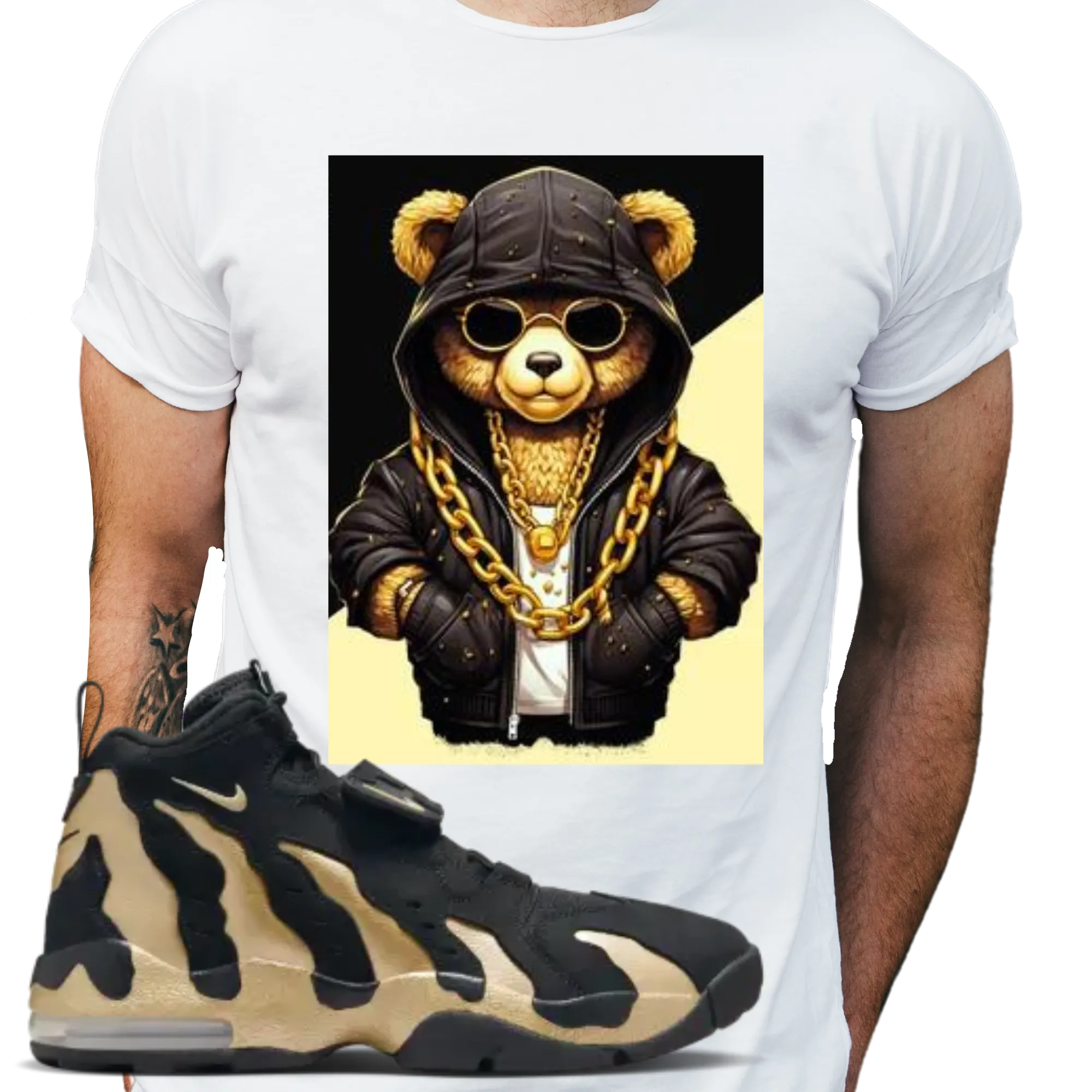 Cool AF Bear T-shirt Matches Prime Time’s Air Diamond Turf Max ’96 Black/Gold