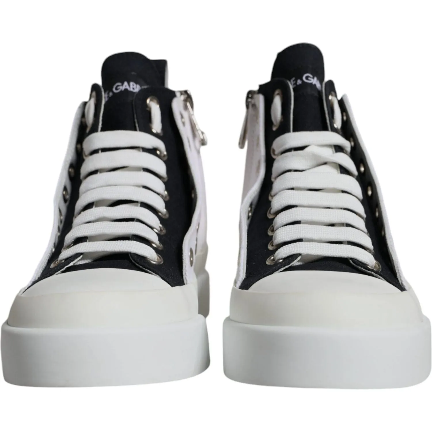 Dolce & Gabbana White Black Canvas Logo Mid Top Sneakers Shoes