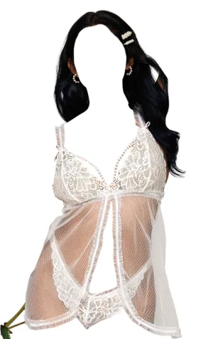 Dreamgirl Lace Mesh Babydoll With Pearl Accents & Lace Pearl G-String White