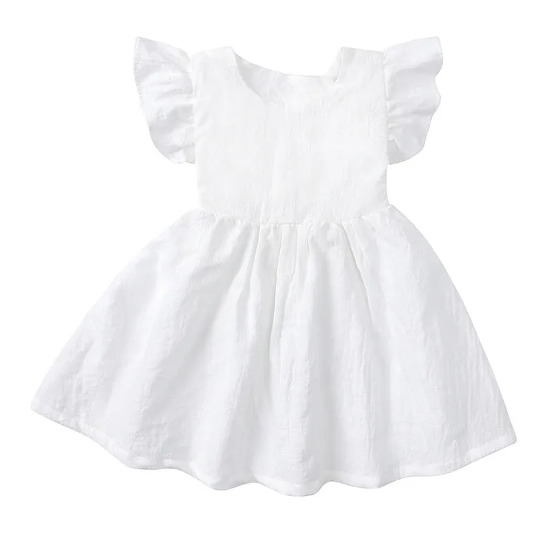 DUNNMALL  New Girls' Dress Baby Cotton and Linen Solid Color Children Shirt Bow Princess Dress Pettiskirt European and American Style Children's Clothing Cross-Border