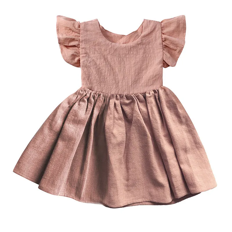 DUNNMALL  New Girls' Dress Baby Cotton and Linen Solid Color Children Shirt Bow Princess Dress Pettiskirt European and American Style Children's Clothing Cross-Border