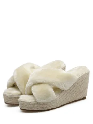 Fashion Faux Fur Criss Cross Wedge Heel Slippers