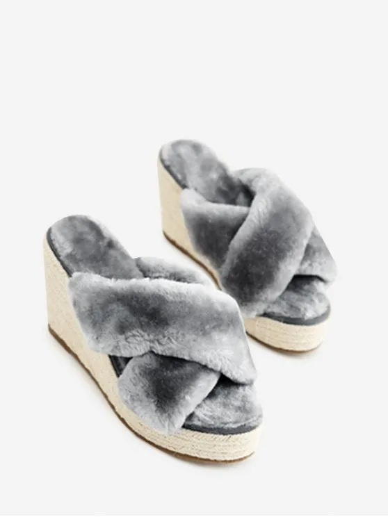 Fashion Faux Fur Criss Cross Wedge Heel Slippers