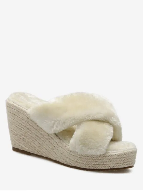 Fashion Faux Fur Criss Cross Wedge Heel Slippers