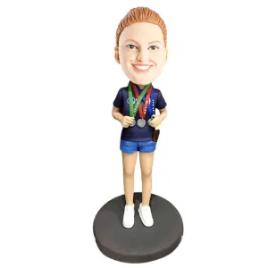 Female Marathon Winner In Blue Tracksuit With Medals Custom Figure Bobblehead