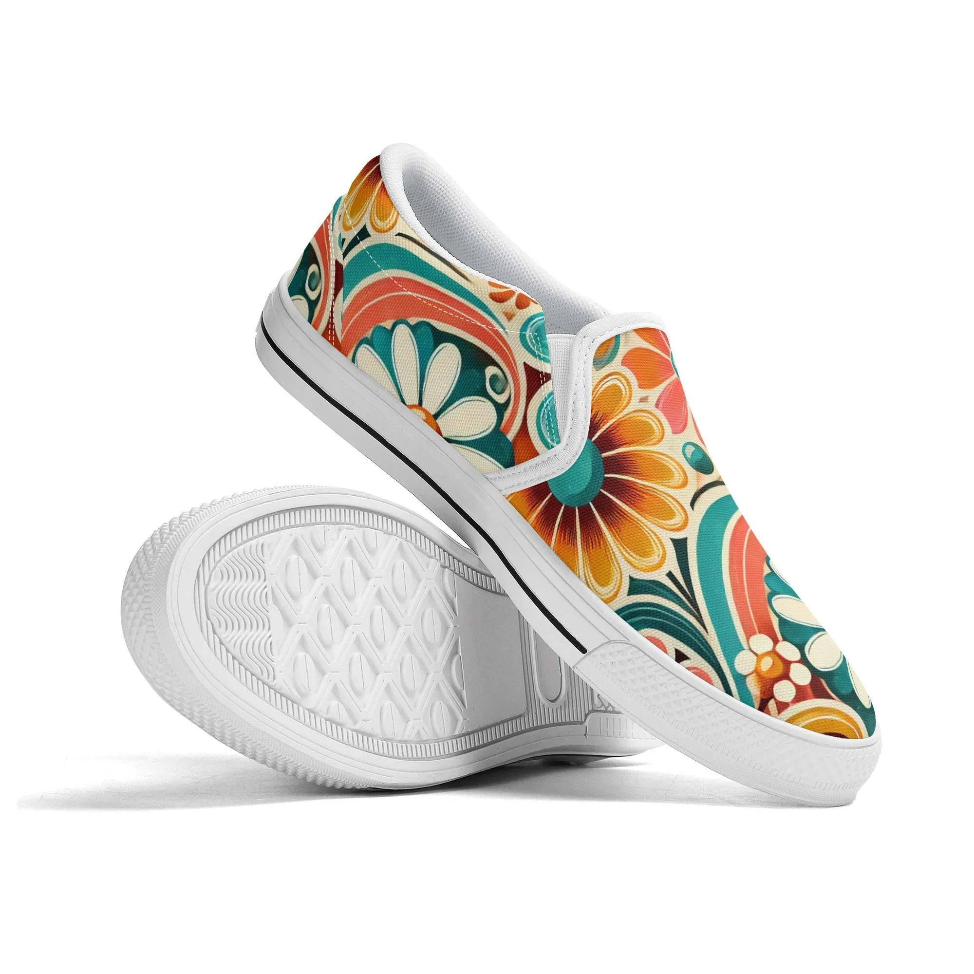 Flower Power Retro Groovy Mod Canvas Loafer Shoes With Kitschy Fun Mod Florals