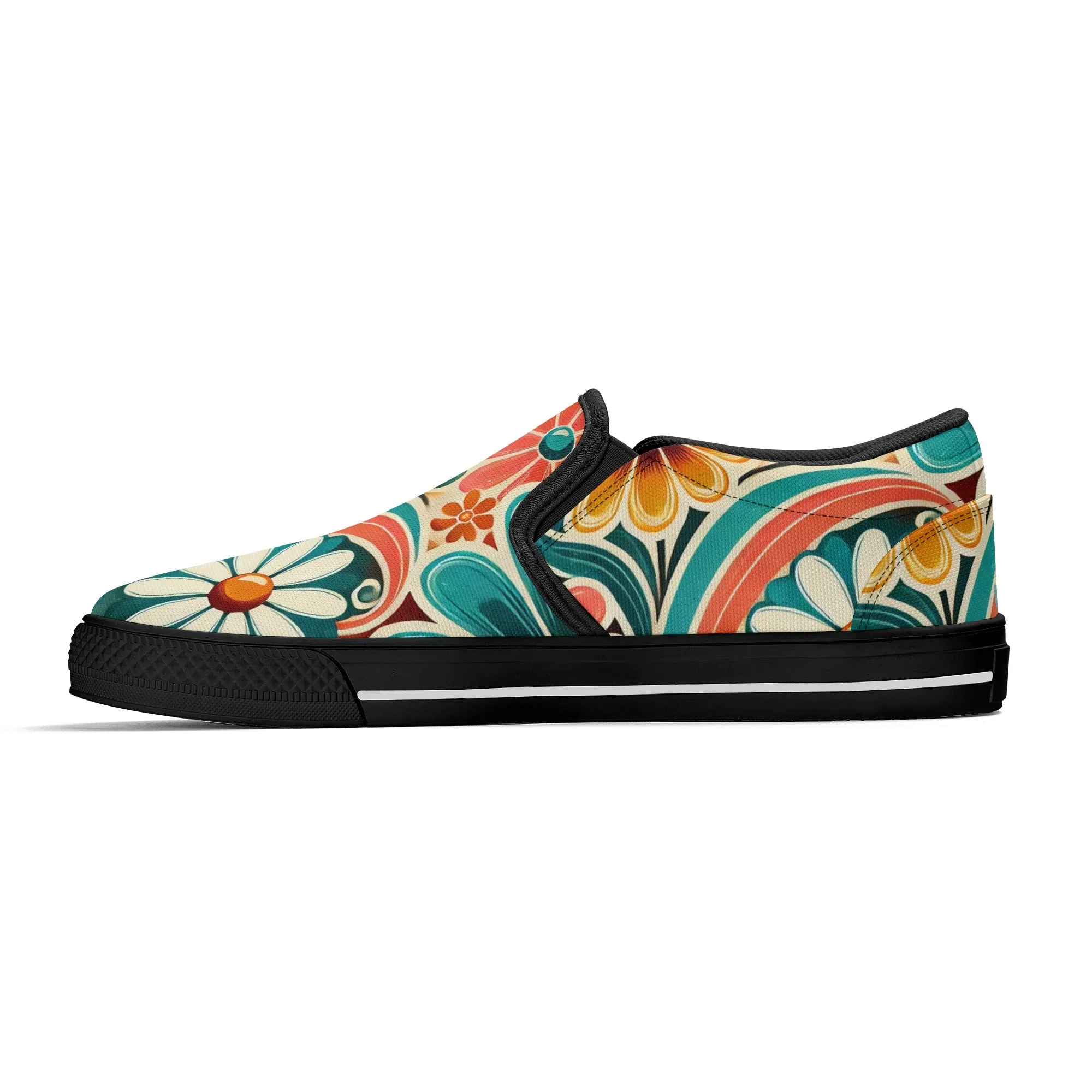 Flower Power Retro Groovy Mod Canvas Loafer Shoes With Kitschy Fun Mod Florals