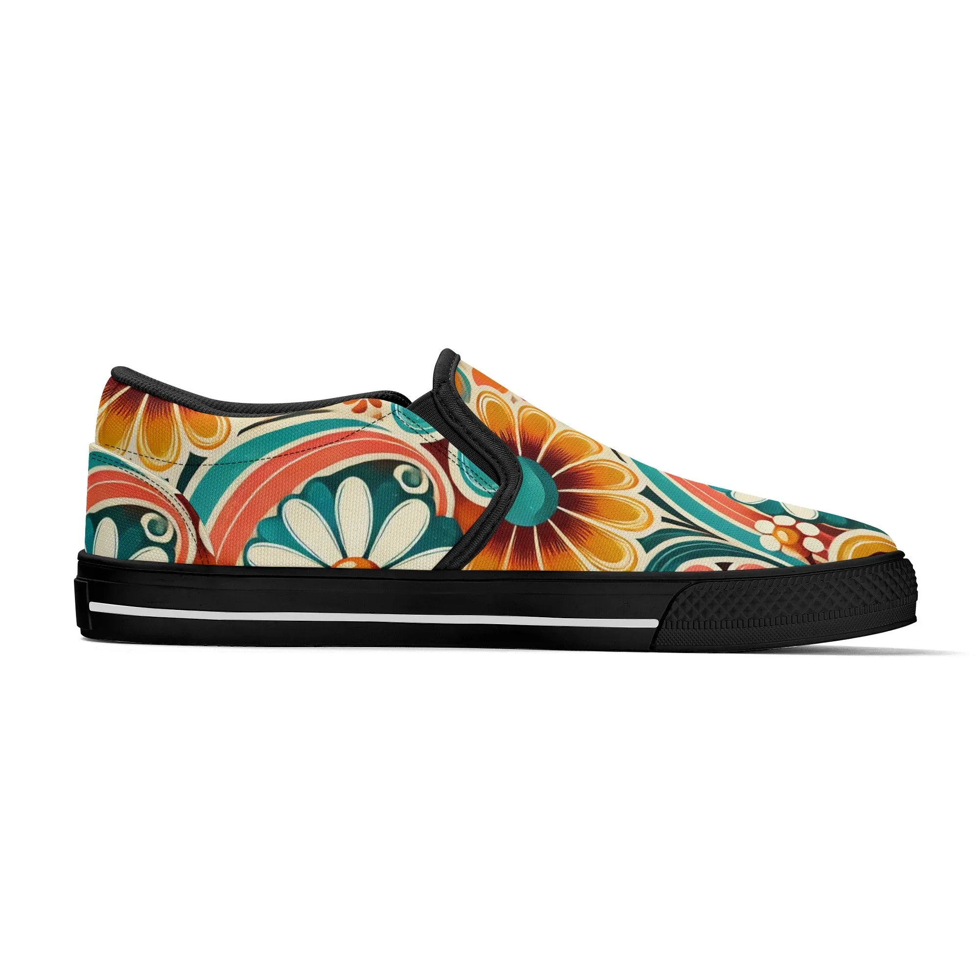 Flower Power Retro Groovy Mod Canvas Loafer Shoes With Kitschy Fun Mod Florals