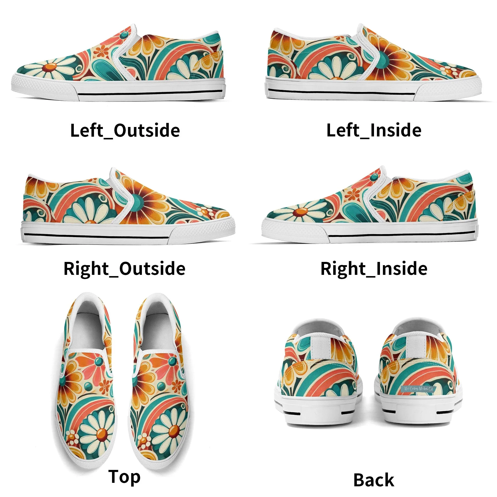 Flower Power Retro Groovy Mod Canvas Loafer Shoes With Kitschy Fun Mod Florals