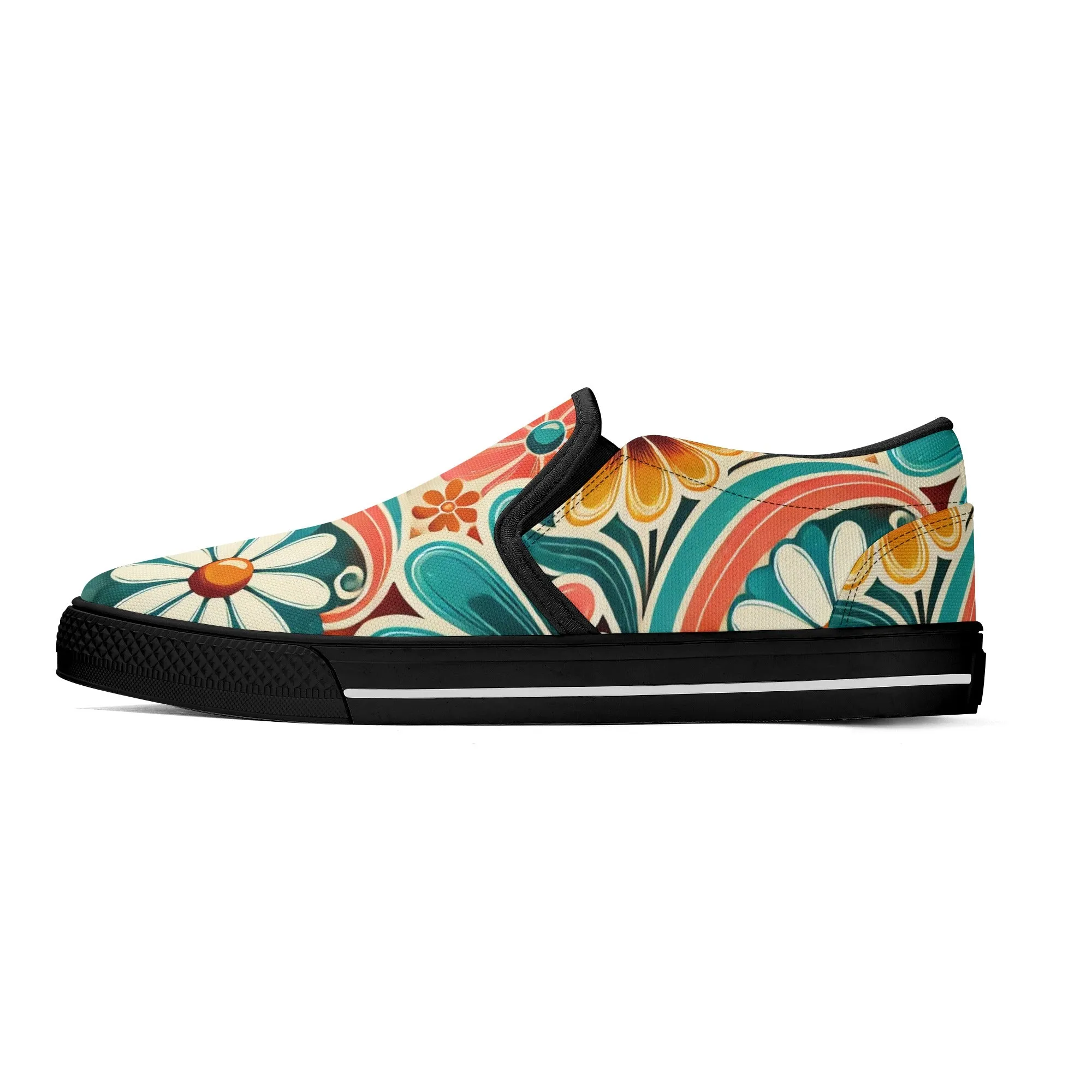 Flower Power Retro Groovy Mod Canvas Loafer Shoes With Kitschy Fun Mod Florals