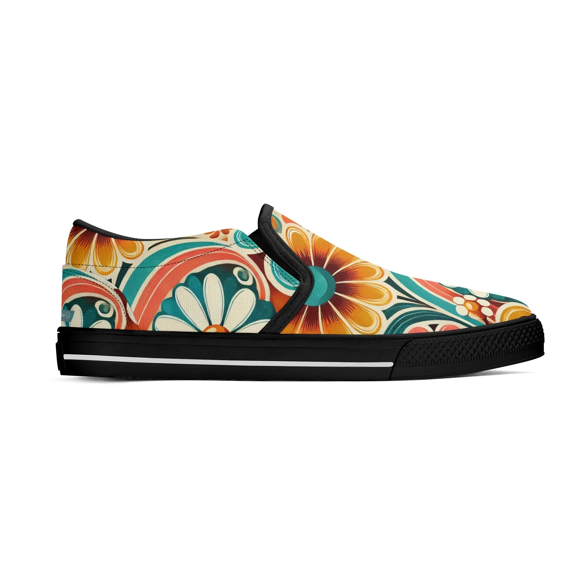 Flower Power Retro Groovy Mod Canvas Loafer Shoes With Kitschy Fun Mod Florals