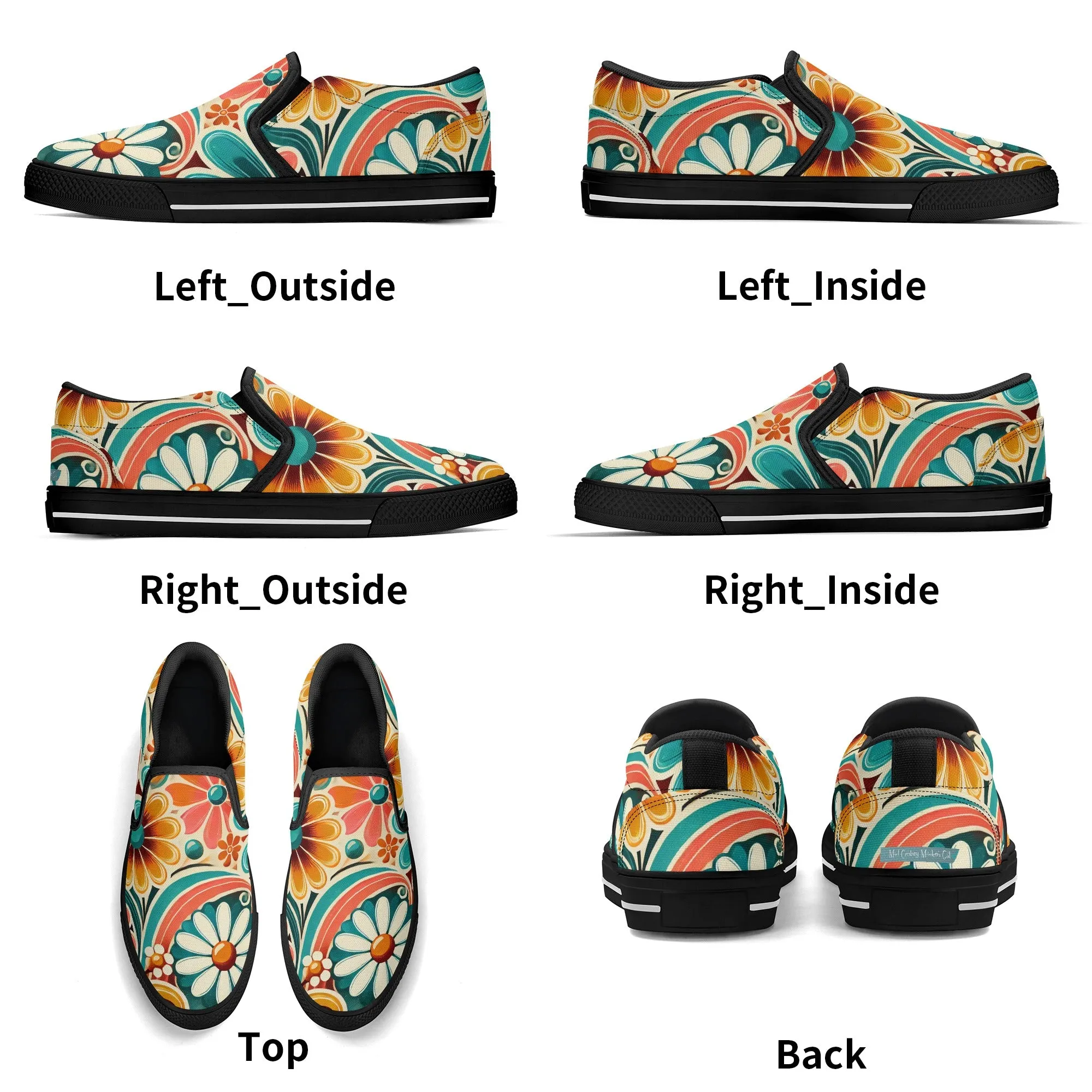 Flower Power Retro Groovy Mod Canvas Loafer Shoes With Kitschy Fun Mod Florals