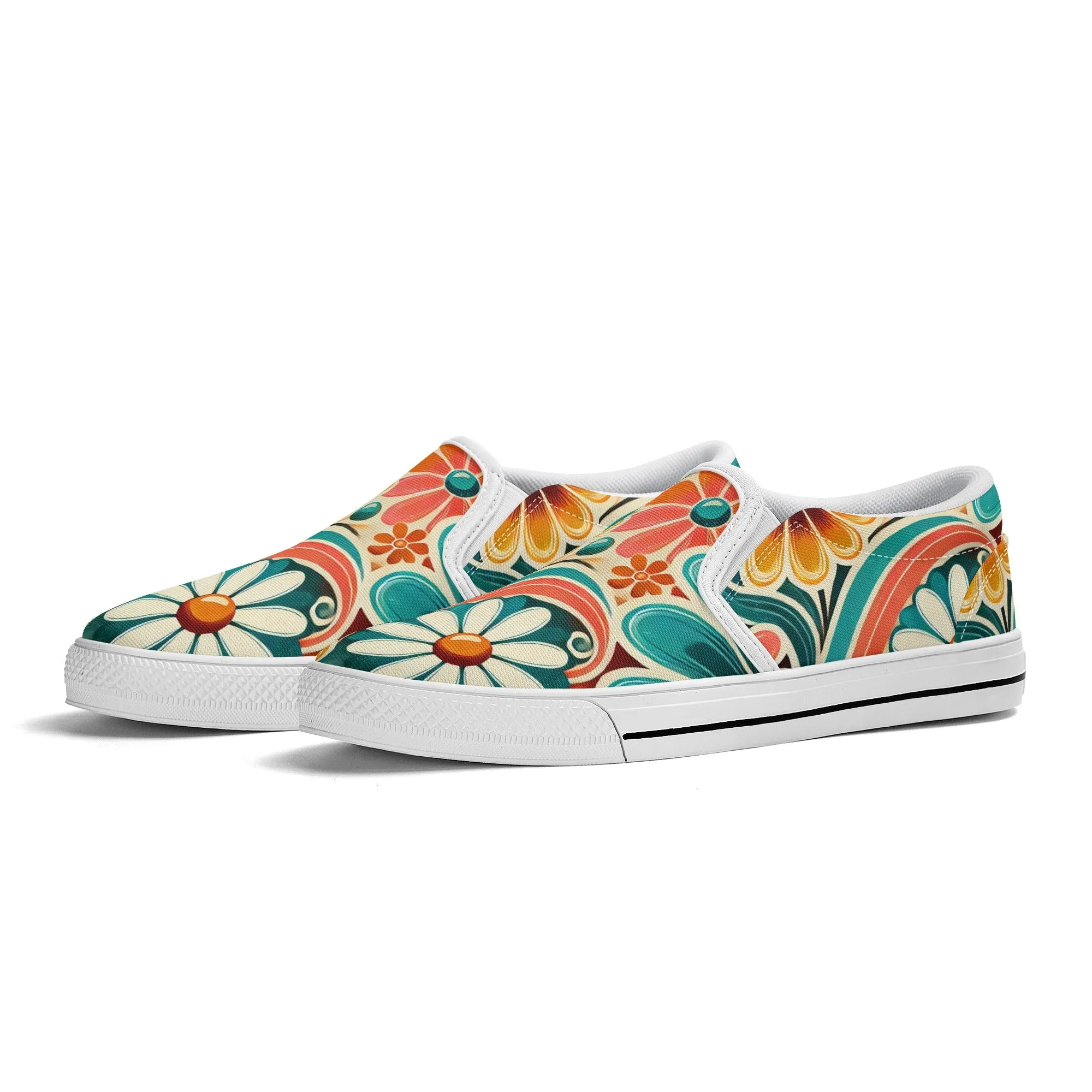 Flower Power Retro Groovy Mod Canvas Loafer Shoes With Kitschy Fun Mod Florals