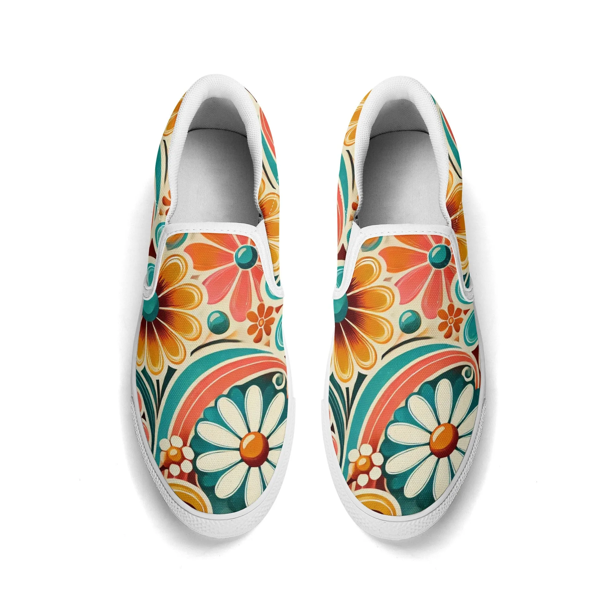 Flower Power Retro Groovy Mod Canvas Loafer Shoes With Kitschy Fun Mod Florals