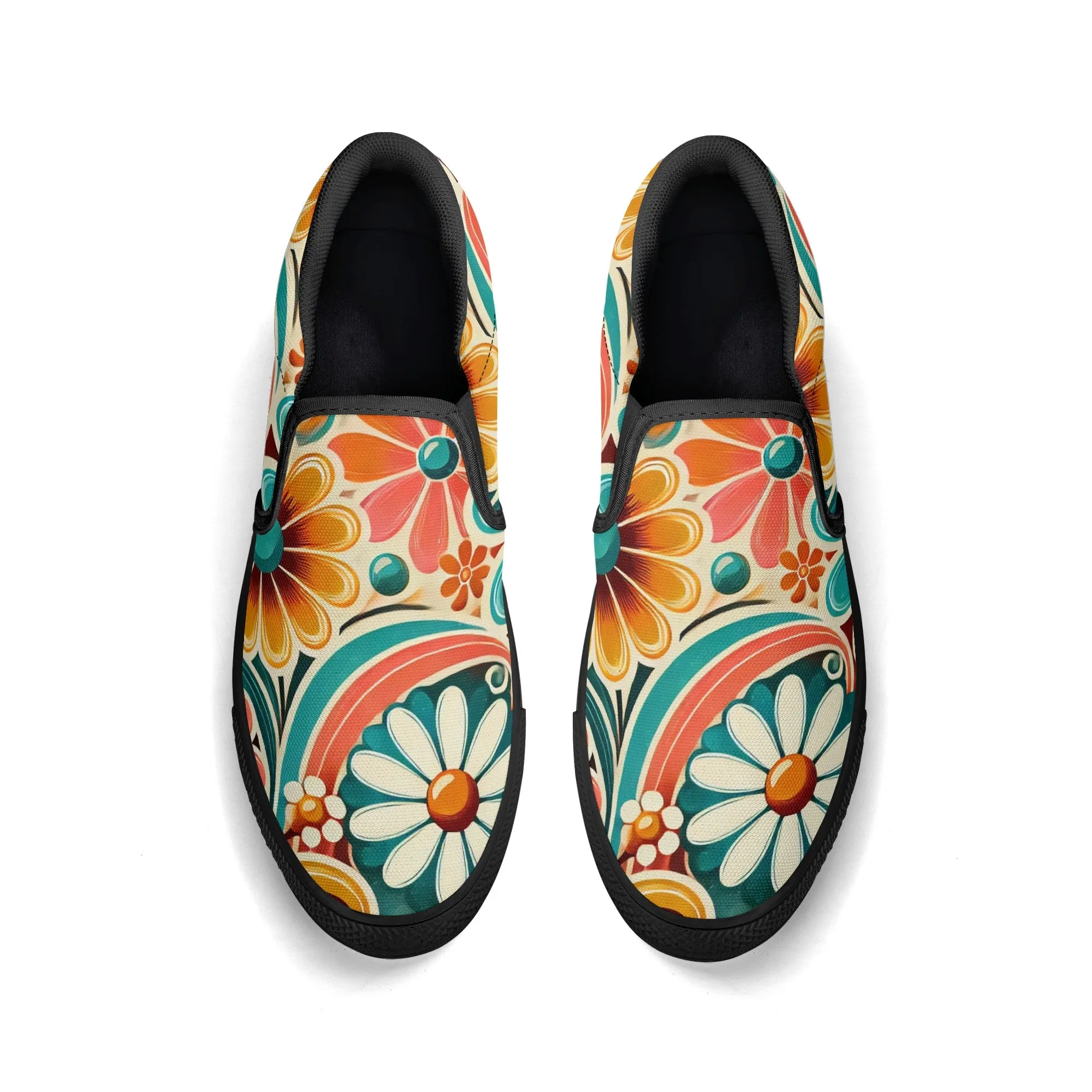 Flower Power Retro Groovy Mod Canvas Loafer Shoes With Kitschy Fun Mod Florals