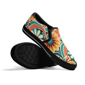 Flower Power Retro Groovy Mod Canvas Loafer Shoes With Kitschy Fun Mod Florals