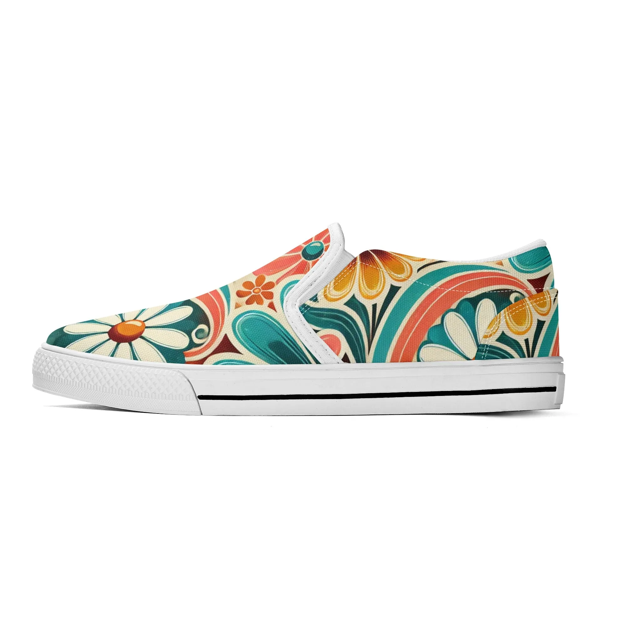 Flower Power Retro Groovy Mod Canvas Loafer Shoes With Kitschy Fun Mod Florals