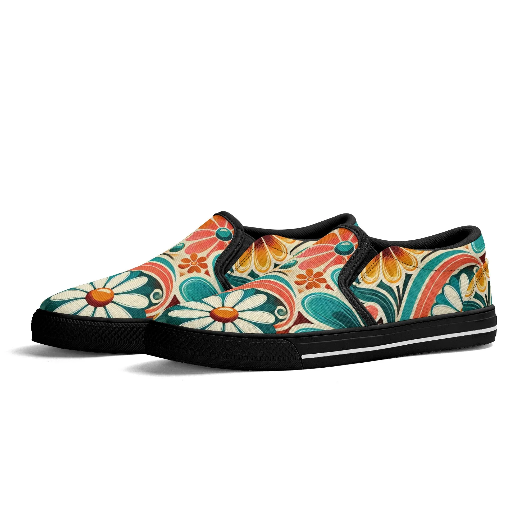 Flower Power Retro Groovy Mod Canvas Loafer Shoes With Kitschy Fun Mod Florals