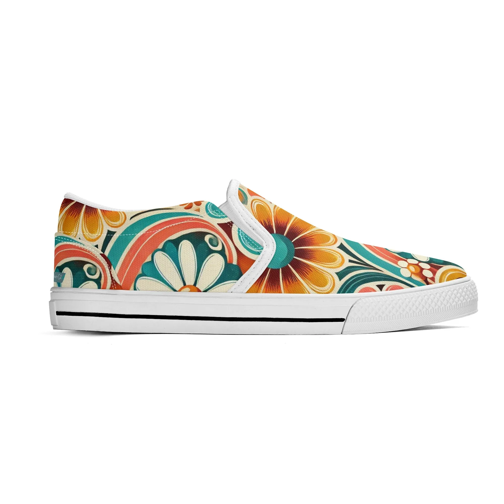 Flower Power Retro Groovy Mod Canvas Loafer Shoes With Kitschy Fun Mod Florals