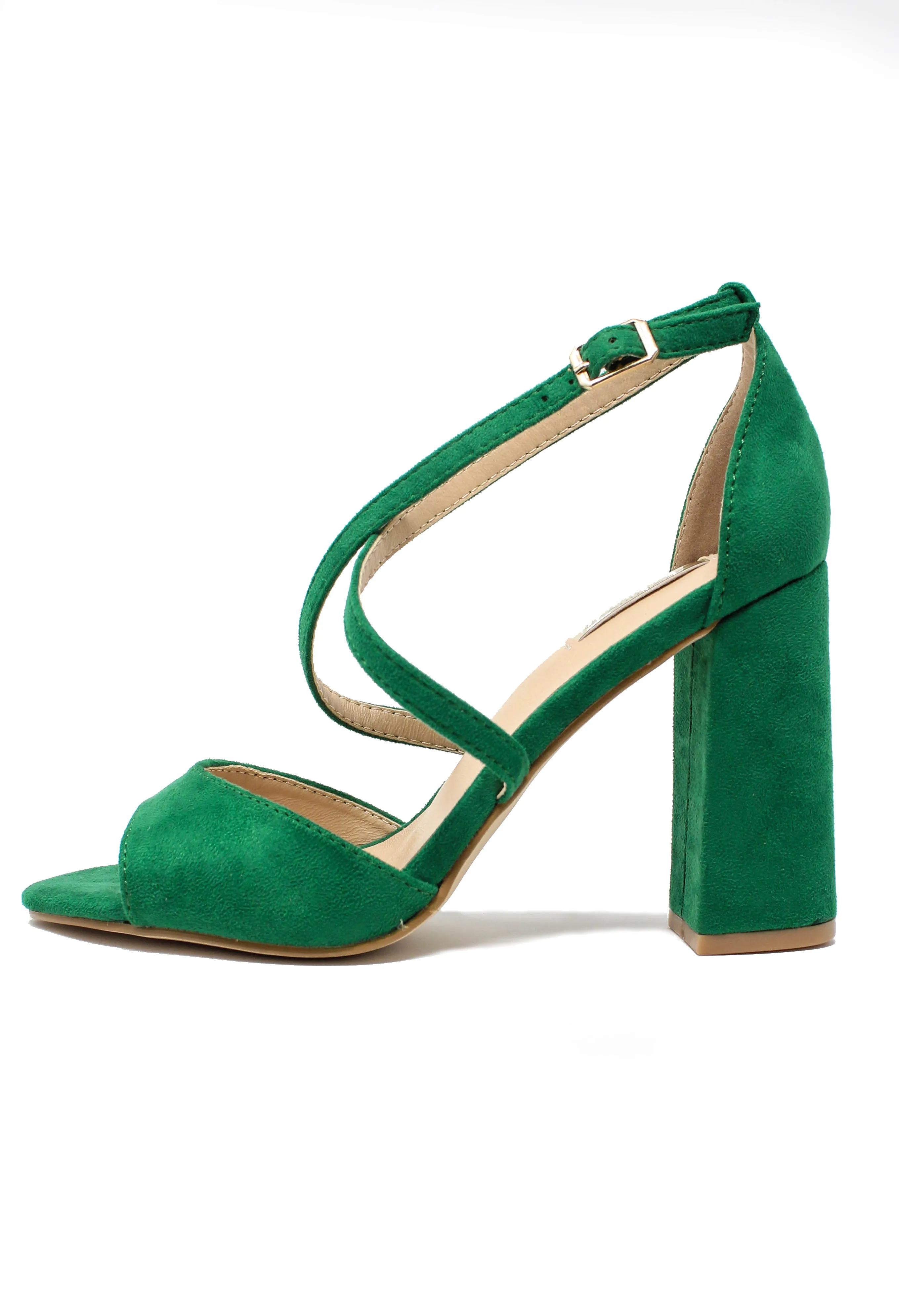 green suedette sandal with criss cross front